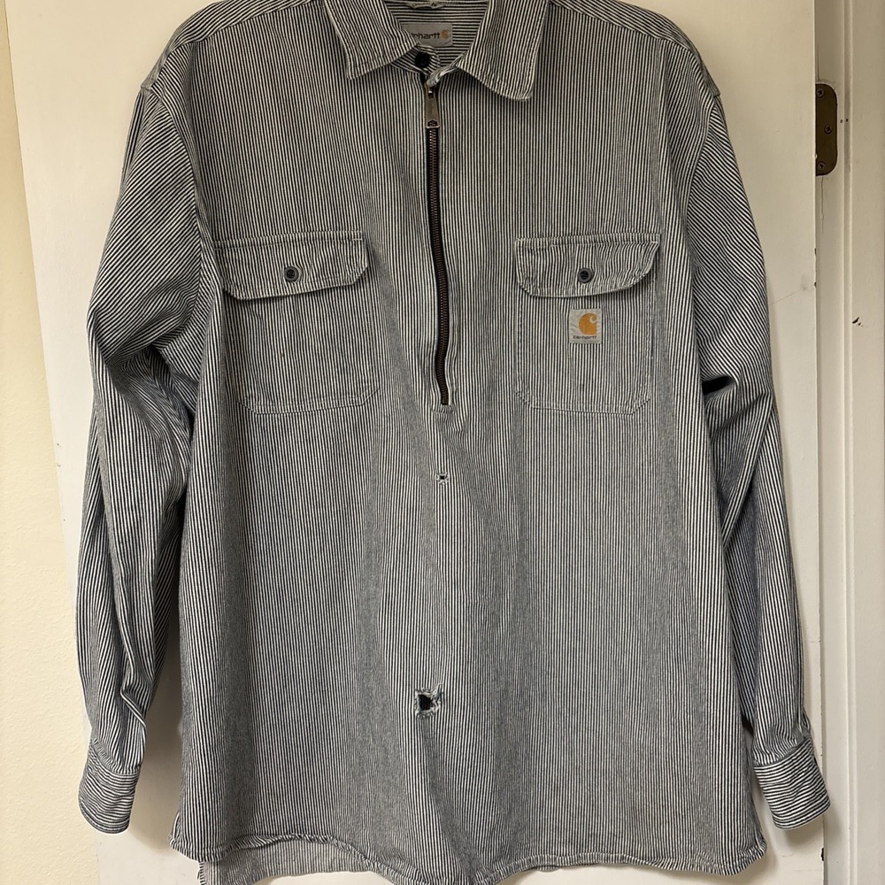 Carhartt Pinstripe Quarter Zip Work‎ Wear Men 2XLT Canvas Heavyweight W/ Holes